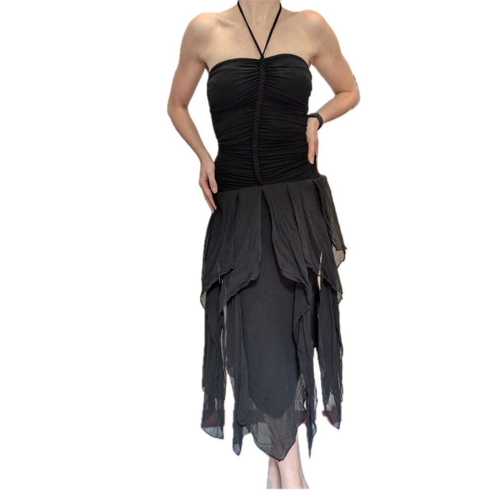 Designer Asymmetrical Black Ruffle And Ruche Dress